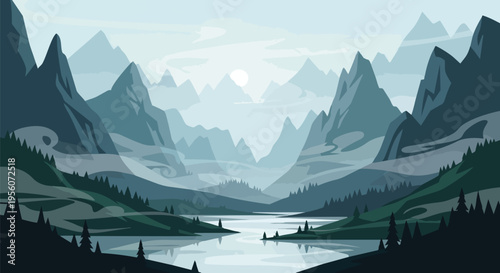 Captivating digital landscape: majestic mountains shrouded in mist, reflecting in a tranquil lake, bordered by dense forests under soft distant sun