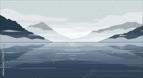 A tranquil monochromatic mountain lake scene with peaceful water reflections under a calm sky, evoking serene natural beauty and scenic stillness in