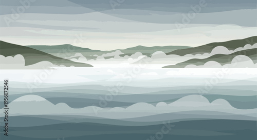 Ethereal mountain peaks rise from a tranquil sea of layered mist, bathed in soft, muted tones. A serene and expansive natural landscape vista.