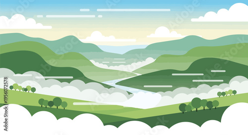 Vibrant flat design mountain landscape with layered green hills, winding river, and misty clouds