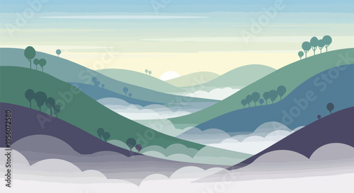 A tranquil flat design panorama showcasing gently rolling hills shrouded in atmospheric mist, featuring stylized trees and a soft sunrise creating a
