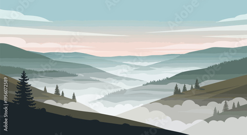 Panoramic layered mountain landscape scene shrouded in serene, ethereal morning fog, revealing majestic peaks and scattered pine forests under a