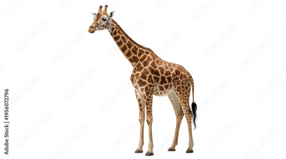 Obraz premium Full body shot of a majestic adult giraffe with distinctive brown and tan spotted fur, standing tall and elegant, perfect for wildlife and nature themes isolated PNG with Transparent Background