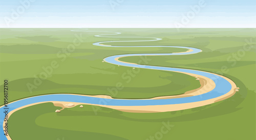 A serene winding river gracefully traverses an expansive emerald landscape under a tranquil azure sky