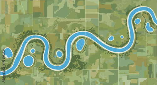 Stylized top-down illustration depicting a vibrant blue river system traversing lush green farmlands