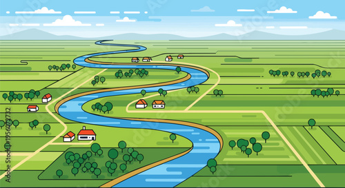Vibrant illustration portraying a meandering river winding through vast green agricultural fields, dotted with quaint rural houses and clusters of