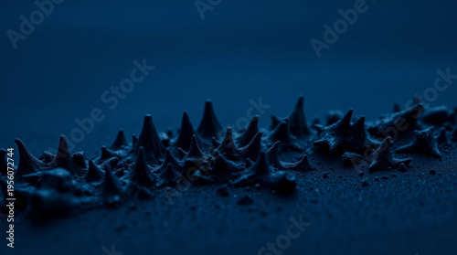 Mysterious dark blue tones with sharp black conical protrusions resembling thorns or mineral crystals on a rough texture