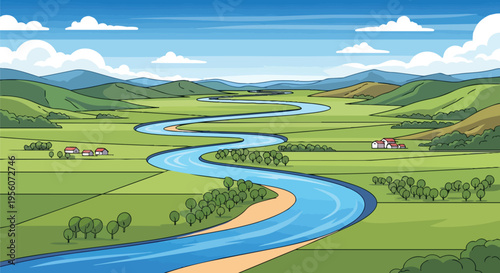 Tranquil vector landscape with winding river, green fields, distant mountains under a blue sky