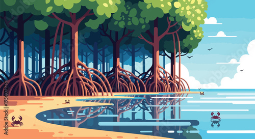 Vibrant stylized mangrove forest landscape showcasing exposed prop roots, sandy shore, tranquil water reflections, and playful crabs under a clear sky