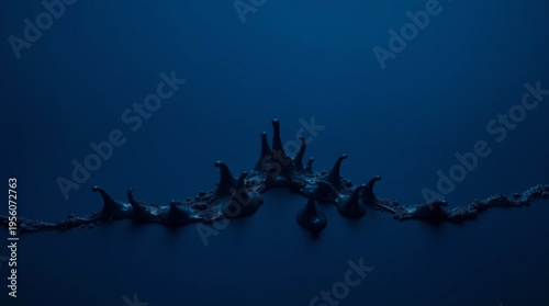 A mysterious dark blue backdrop features a jagged black ridged structure resembling an alien spine or abstract mountain