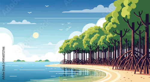 Vibrant illustration of a tranquil tropical mangrove forest lining a pristine sandy beach under a sunny sky.