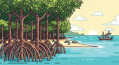 Vibrant Coastal Mangrove Forest with Fishing Boat and Serene Ocean Landscape at Sunset or Sunrise