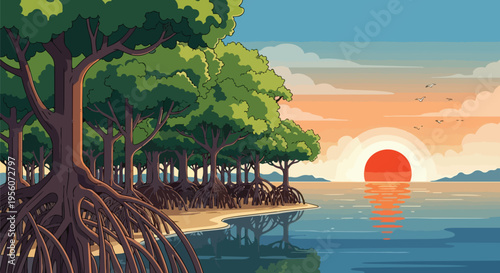 Stylized Coastal Mangrove Forest Scene at Sunset with Radiant Sky