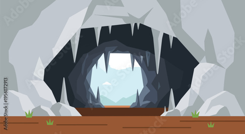 Stylized cave entrance artwork showing sharp, imposing rock formations framing a mysterious dark passage that leads to a luminous distant mountain