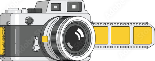 Vintage film camera illustration with photographic film strip isolated on white background, retro photography equipment, classic analog device, creative media design