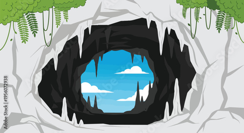 Vibrant illustrated jungle cave entrance view to bright blue sky with fluffy white clouds inviting natural exploration and hidden wonder discovery