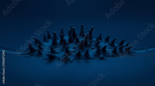 A row of sharp conical protrusions emerges from a liquid surface with tiny water droplets on deep blue background, creat