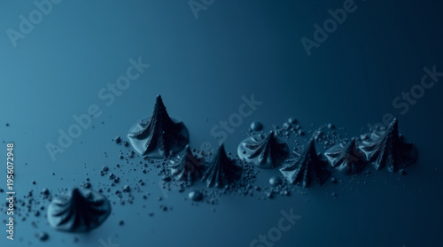 Abstract micro art with cone-shaped spirals scattered on deep blue surface resembling tiny peaks, surrounded by fine par