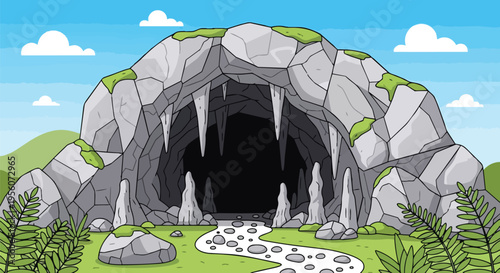 Cartoon illustration of a mysterious cave entrance with a winding stone path leading into its dark interior surrounded by lush green hills and a