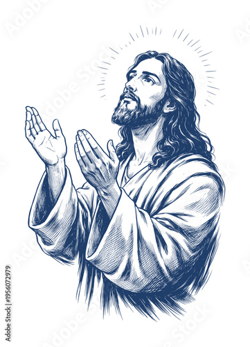 hand drawing illustration of a jesus christ in praying poses devoutly