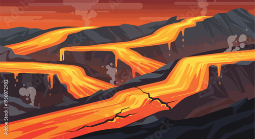 Dramatic volcanic landscape illustration with vibrant molten lava flowing through dark jagged terrain under a fiery sky featuring smoke plumes and