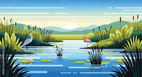 A serene and vibrant wetland ecosystem flourishing with diverse wildlife and lush flora at sunrise