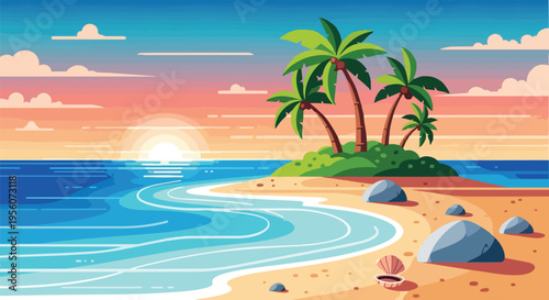 Tropical beachfront sunset vista with swaying palms and gentle ocean ripples