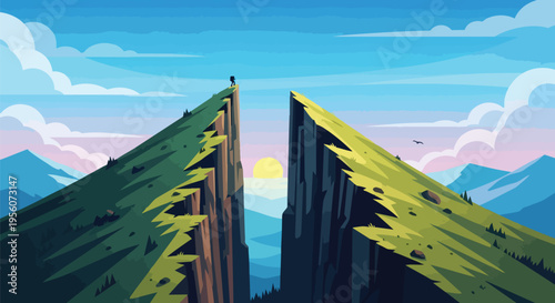 A lone hiker stands atop a majestic mountain peak, gazing across a deep chasm towards the radiant horizon, symbolizing challenges, new horizons, and