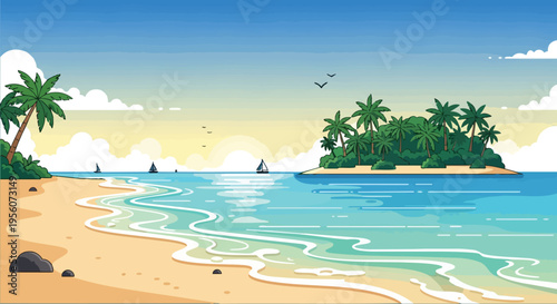 Serene tropical beach panorama with distant island and gentle ocean waves under a vibrant sky