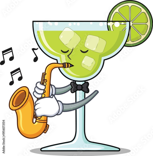 Cute Cartoon Margaritas Glass Playing Jazz Saxophone Vector Illustration