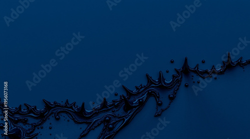 A black viscous substance with spikes and droplets flows across a deep blue background, resembling molten resin or choco