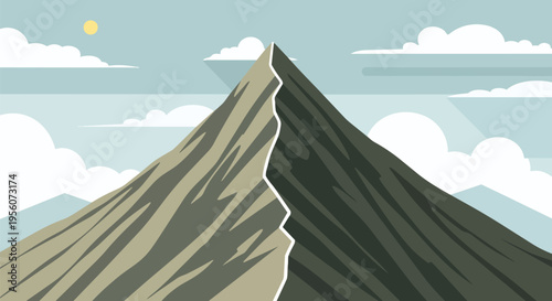 Vector illustration of a majestic mountain peak under a clear sky with soft clouds and a warm sun, depicting nature's quiet grandeur and rugged