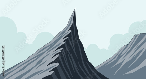 Dramatic jagged peaks pierce a calm sky adorned with soft cartoon clouds