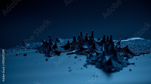 A cluster of sharp crystal-like protrusions grows from a surface, resembling thorns or coral, showcasing a sci-fi or mic
