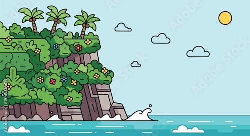 Vibrant tropical island cliff overlooking serene blue ocean under clear sky with fluffy clouds and bright sun an idyllic digital illustration of a