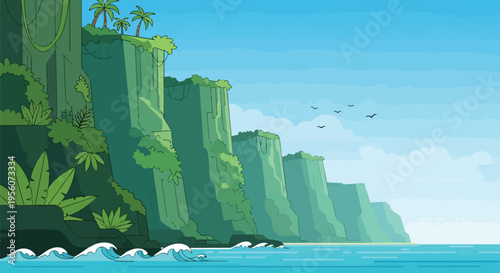 Lush emerald coastal cliffs meet the serene azure ocean, adorned with vibrant tropical foliage and distant palm trees under a tranquil blue sky with