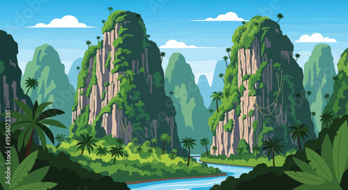 Vibrant tropical wilderness illustration showcasing towering jungle mountains adorned with lush green foliage and palm trees, a serene river winding