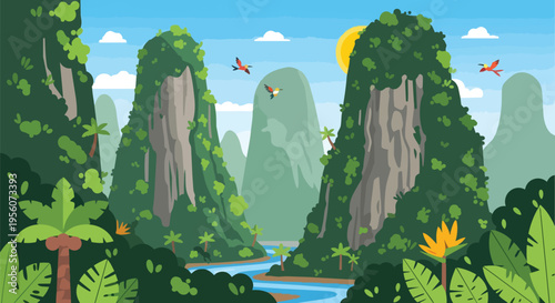 Vibrant illustration of a majestic tropical jungle panorama with towering karstic mountains, a serene river, exotic flora, and soaring birds under a