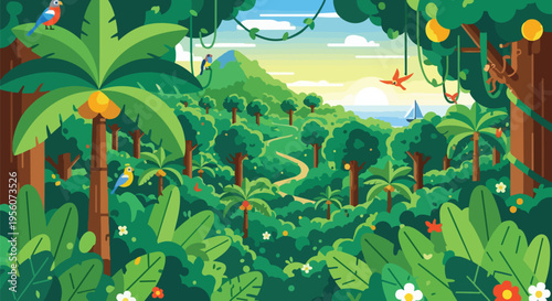 Vibrant tropical jungle landscape illustration with exotic birds, distant ocean view at sunrise, and serene natural beauty. A winding path beckons