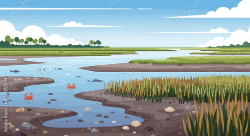 Vibrant coastal marshland ecosystem illustration with playful crabs and flowing water under a serene blue sky