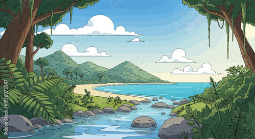 Tropical cartoon landscape with river, beach, ocean, mountains, sky, and clouds creating a serene, natural, and idyllic paradise vista for peaceful