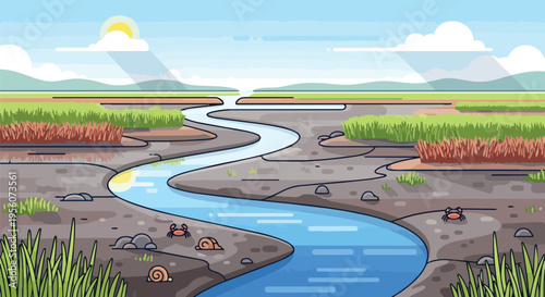 Vibrant illustration of a dynamic marsh ecosystem with a winding river and diverse wildlife