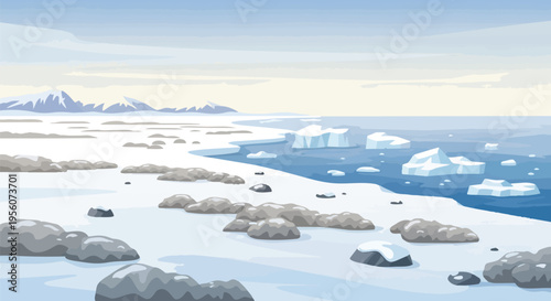 Expansive polar landscape showcases snow-covered terrain, ancient rock formations, distant mountain ranges, and numerous icebergs floating in