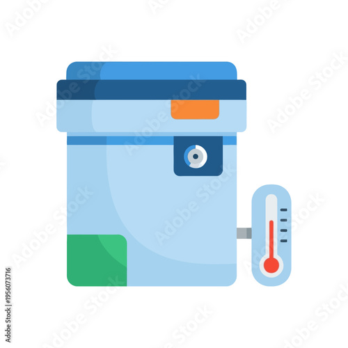 Illustration of a portable freezer unit with an attached thermometer indicating a cold temperature.