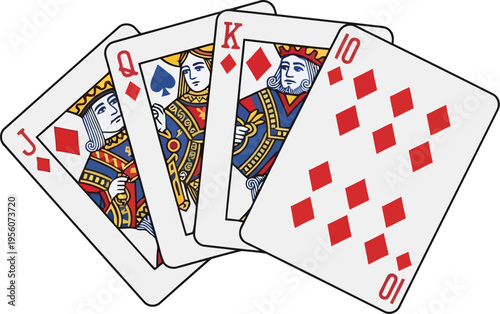 Four Playing Cards: Queen, Jack, King, Ten of Diamonds   Classic Card Design