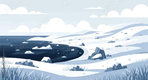 Minimalist Arctic Ocean Shoreline Illustration with Snow-Covered Hills and Floating Icebergs Under a Cloudy Winter Sky, Depicting a Serene Cold