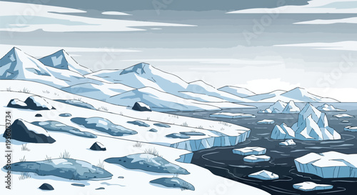 Arctic scene with snow-capped mountains, icy ocean, floating icebergs, and a desolate snowy shoreline