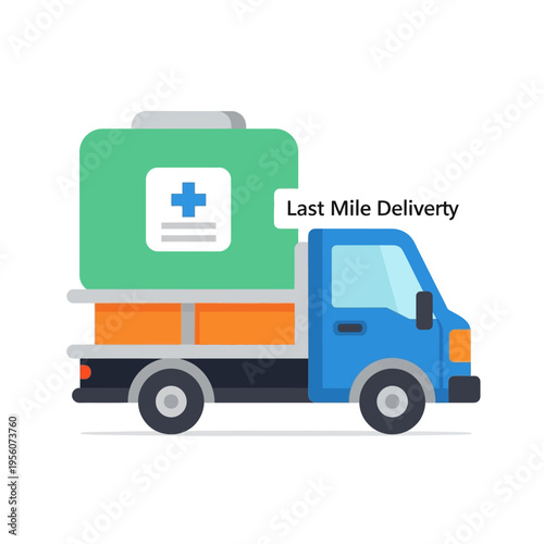 A blue delivery truck with a large green container marked with a white medical cross, symbolizing last mile delivery of medical supplies.
