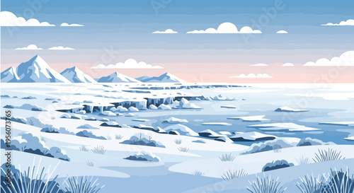 A majestic polar vista unfolds, showcasing towering snow-capped mountains and a vast frozen sea dotted with ice floes, under a tranquil sky painting