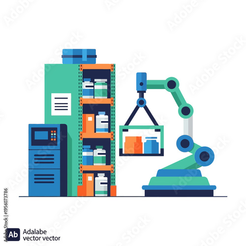 Automated robotic arm in a warehouse, picking and placing containers from shelves, illustrating modern logistics and supply chain technology.